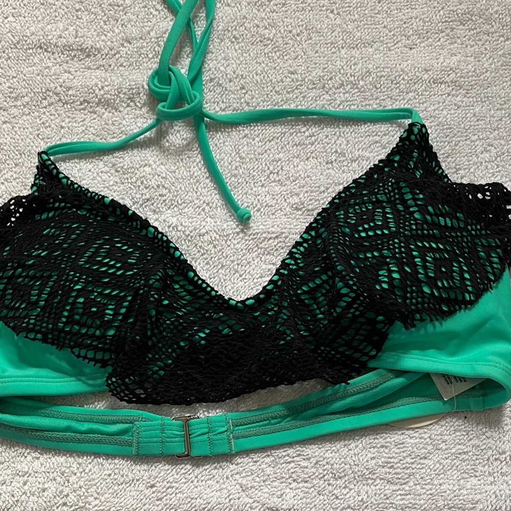 Women's Crochet Overlay Bikini Top in Teal and Black